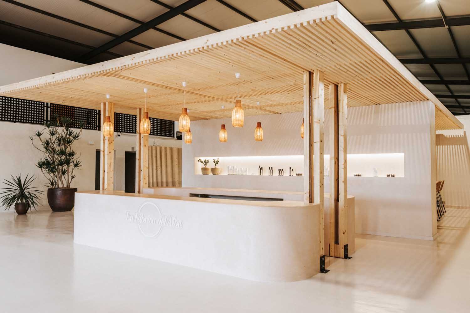 Curved reception desk beneath a wood pergola with pendant lights