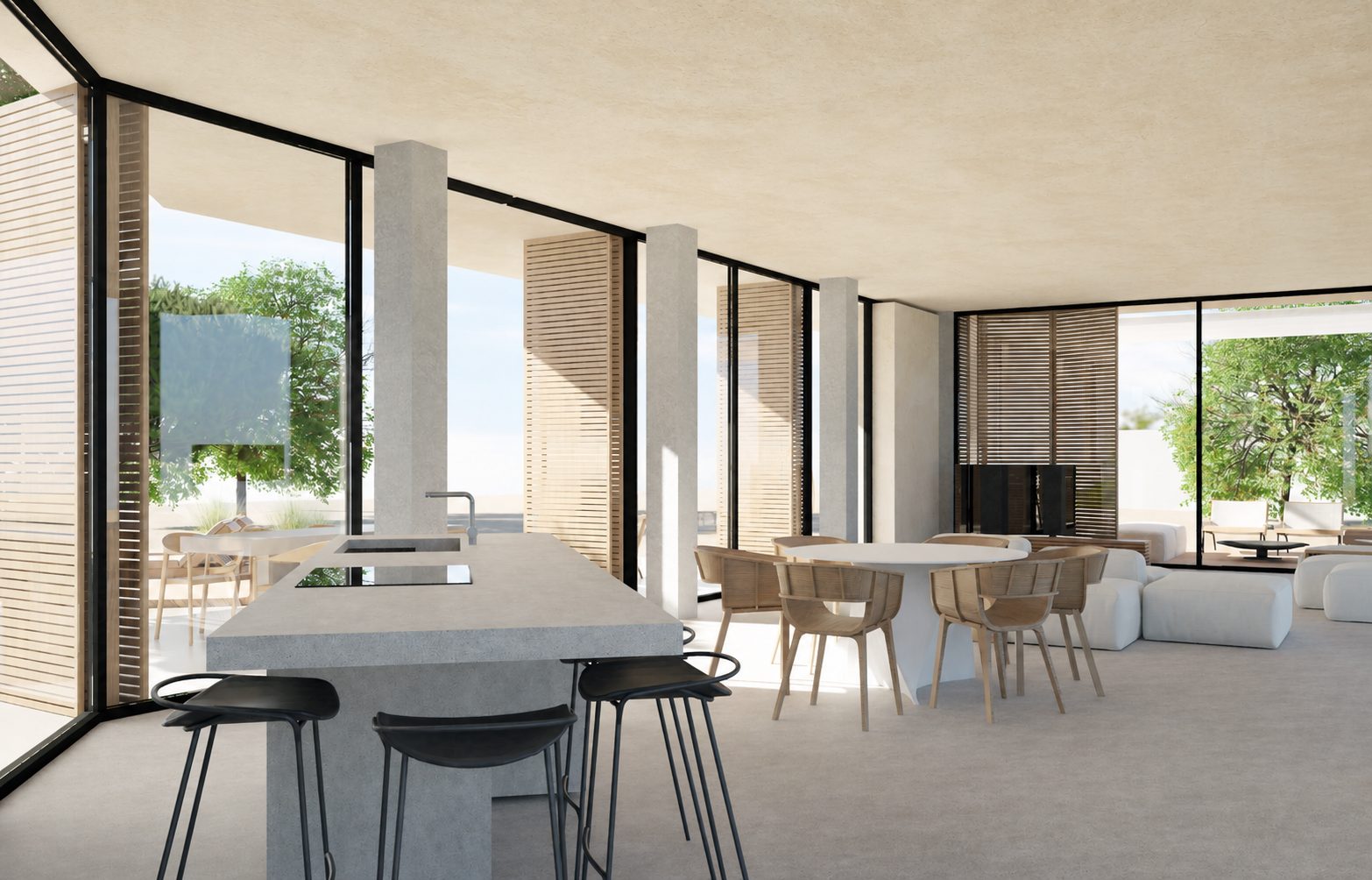 Open dining and living space with a stone accent wall and mountain view
