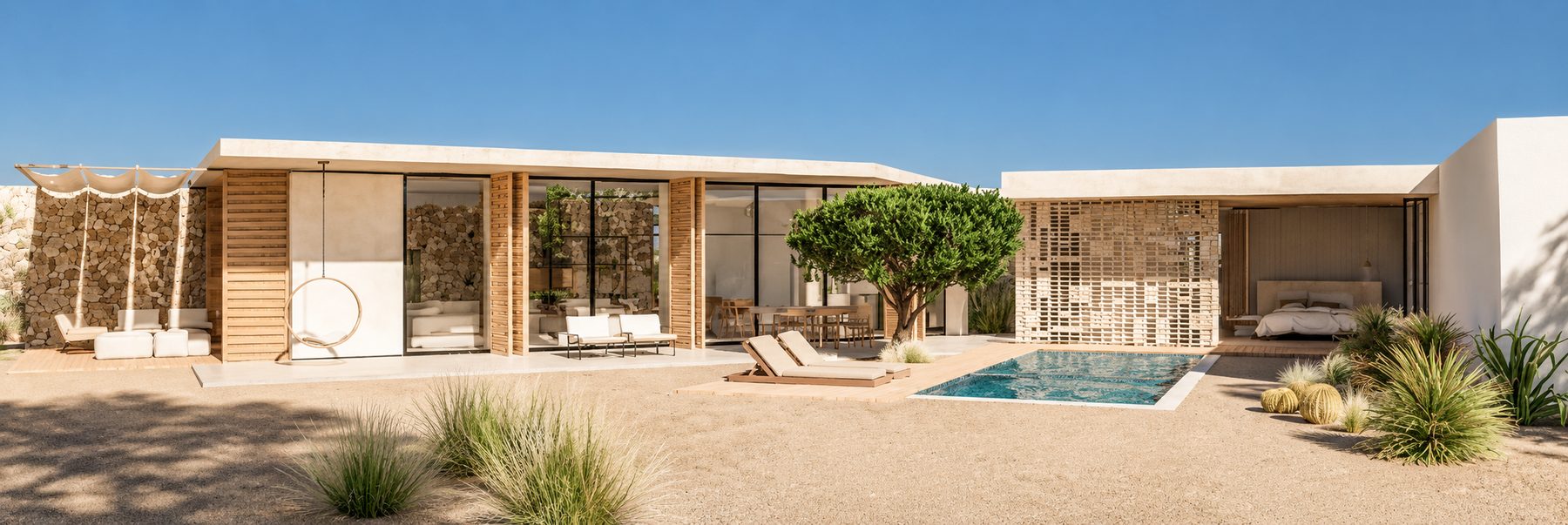 Villa exterior with a pool terrace set within the desert landscape