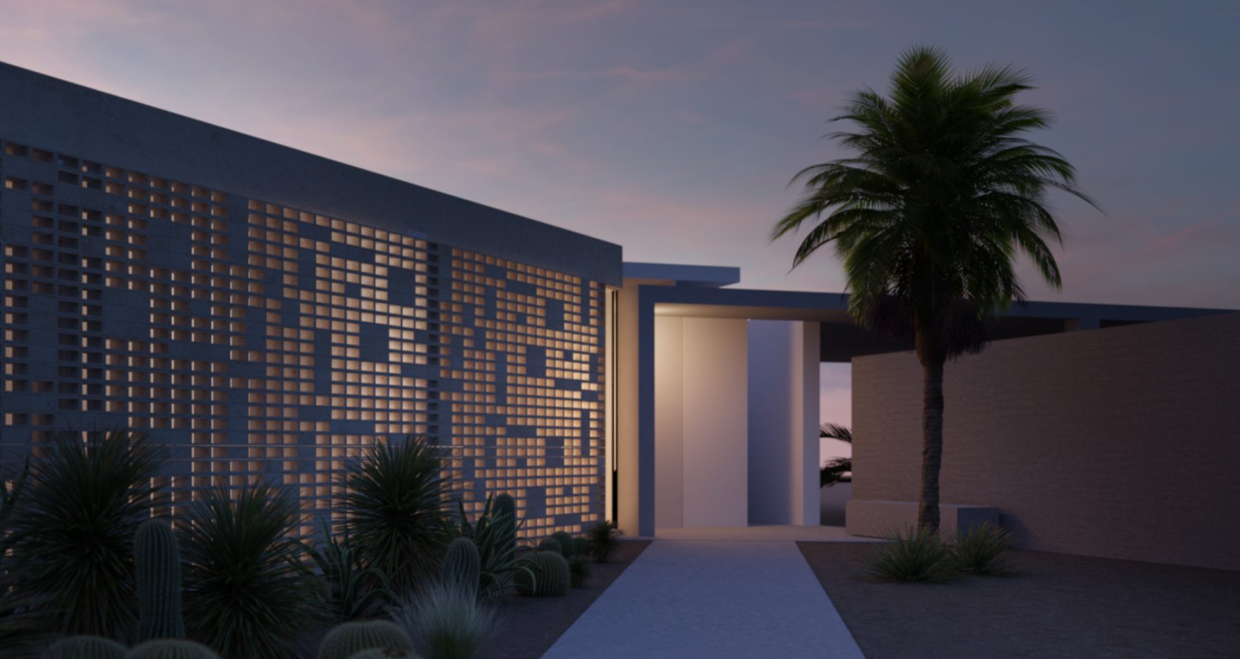 Villa entrance courtyard with a perforated screen wall and a palm tree