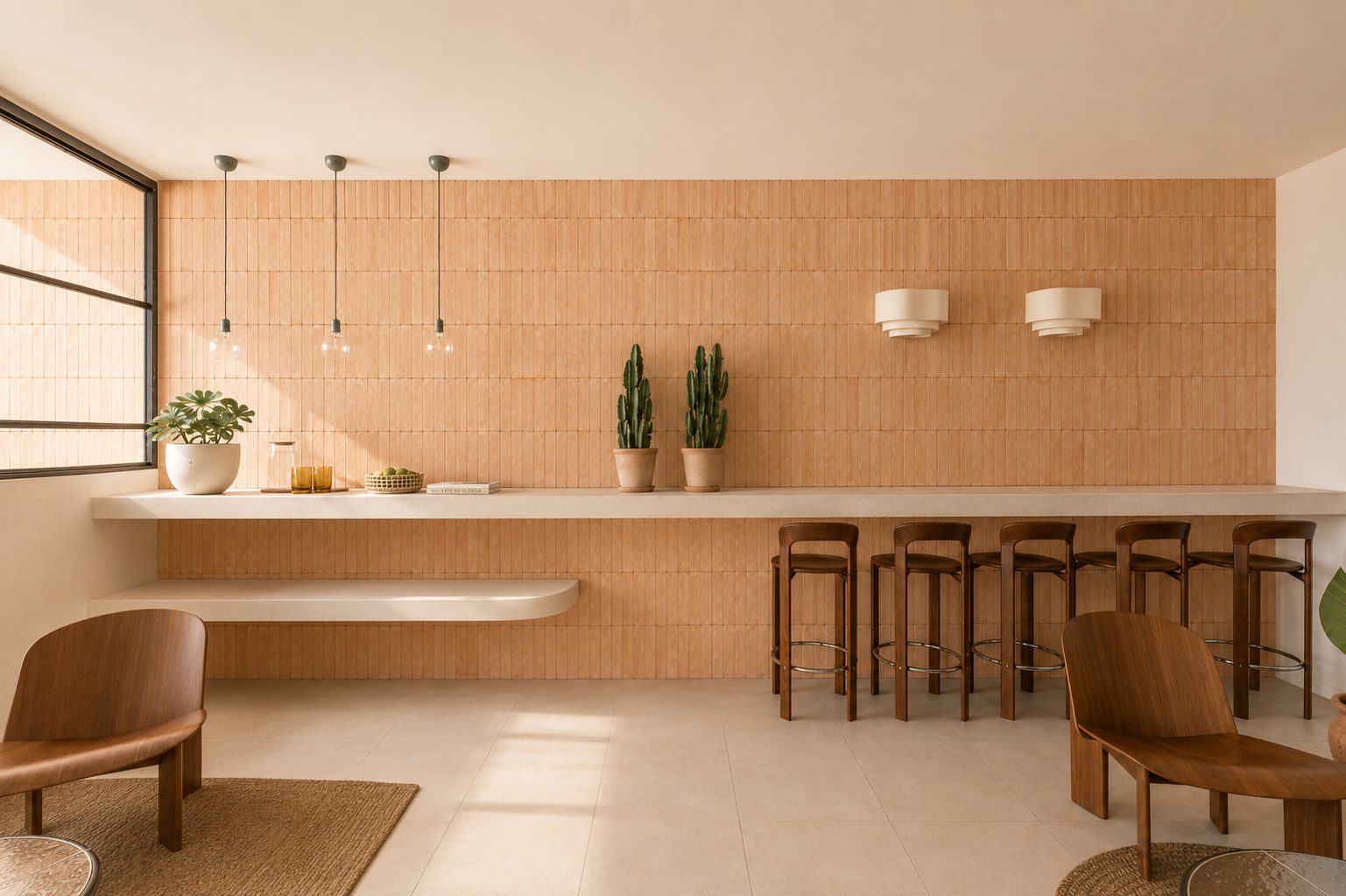 Wood-clad bar counter with pendant lights, potted cacti, and wooden stools