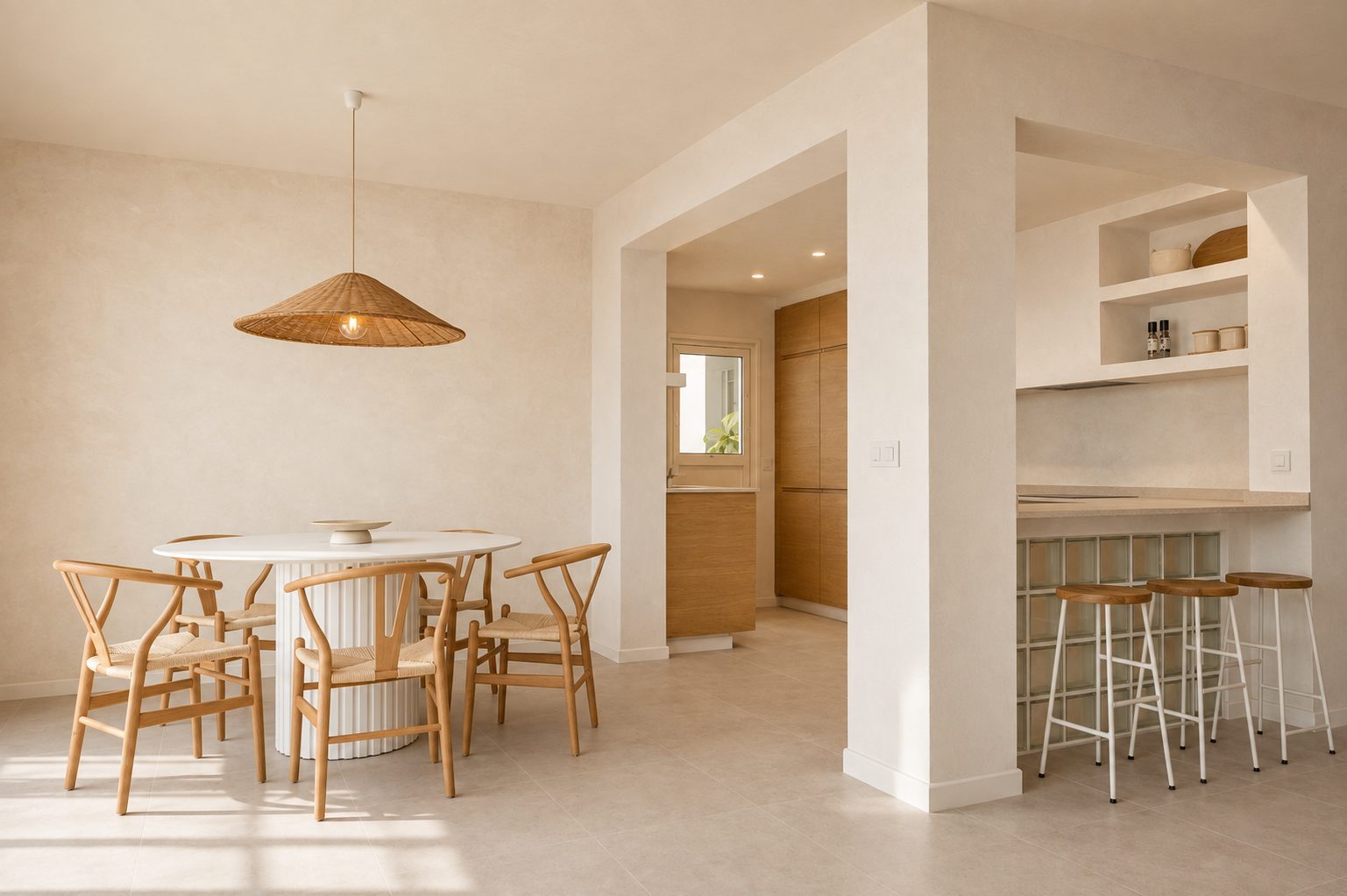 Bright dining and kitchen space with a round table, woven pendant light, and bar seating