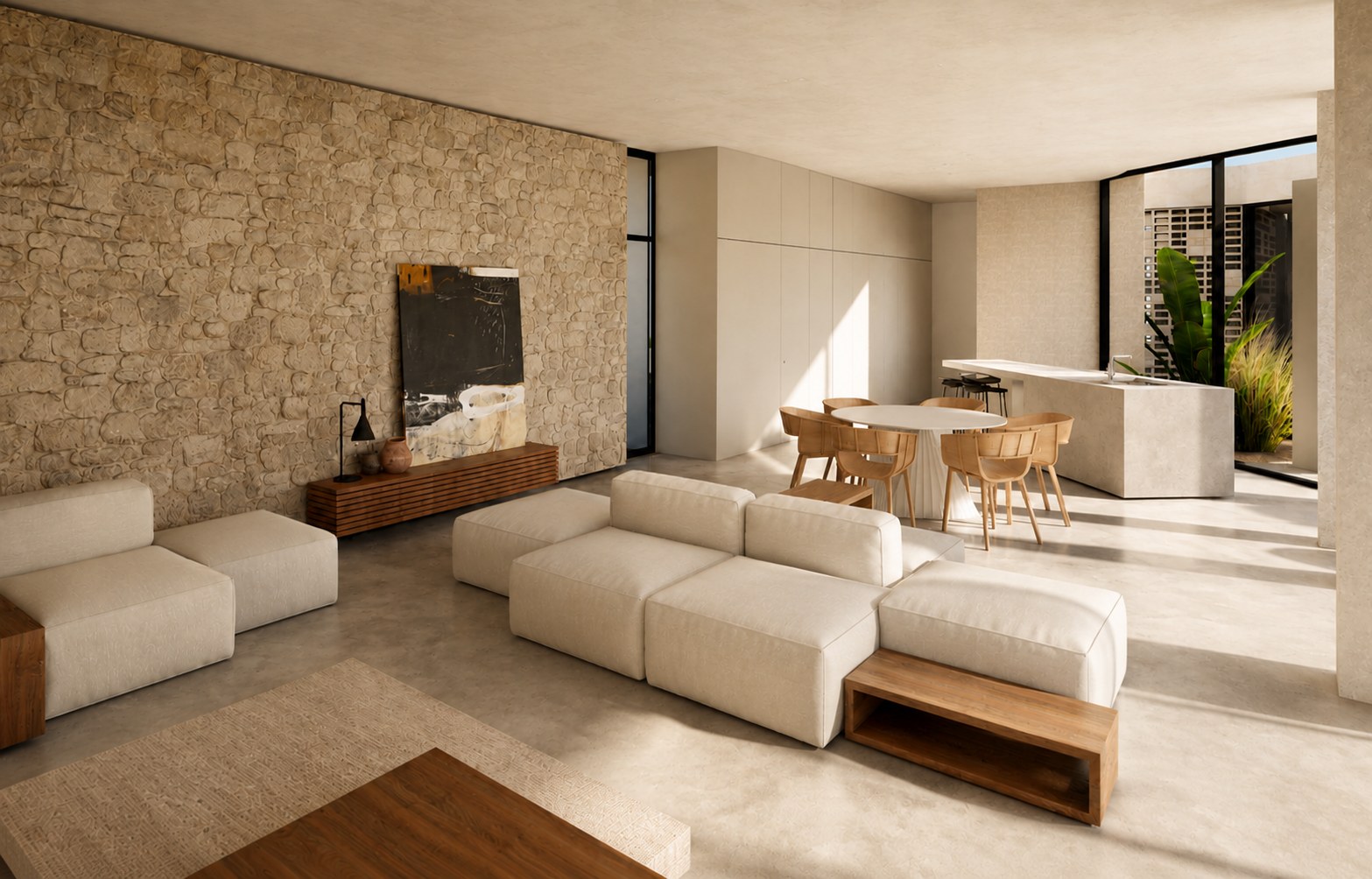 Living room with a stone accent wall, white sofas, and a dining area beyond